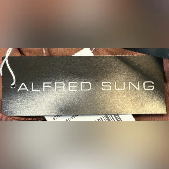 NWT Alfred Sung Deep V-Back Satin Trumpet Dress, One-Shoulder Bow in Cognac, 12R - Picture 12 of 16